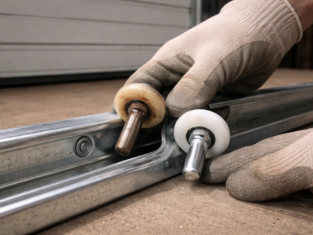 Close-up of a hand removing a worn garage door roller from the bottom rail and placing a new one