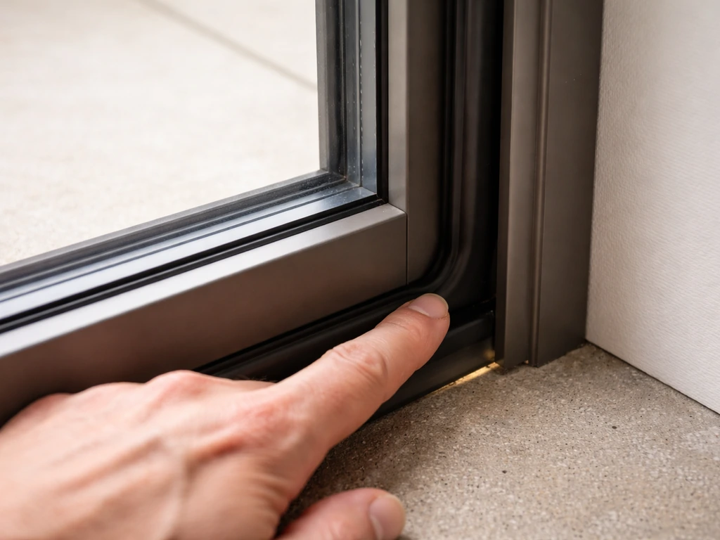 Hand checking the patio door perimeter seal for drafts at the door edge