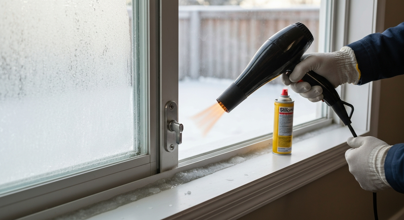 Hands using a hair dryer on a frozen patio door track while de-icer is sprayed into the keyway