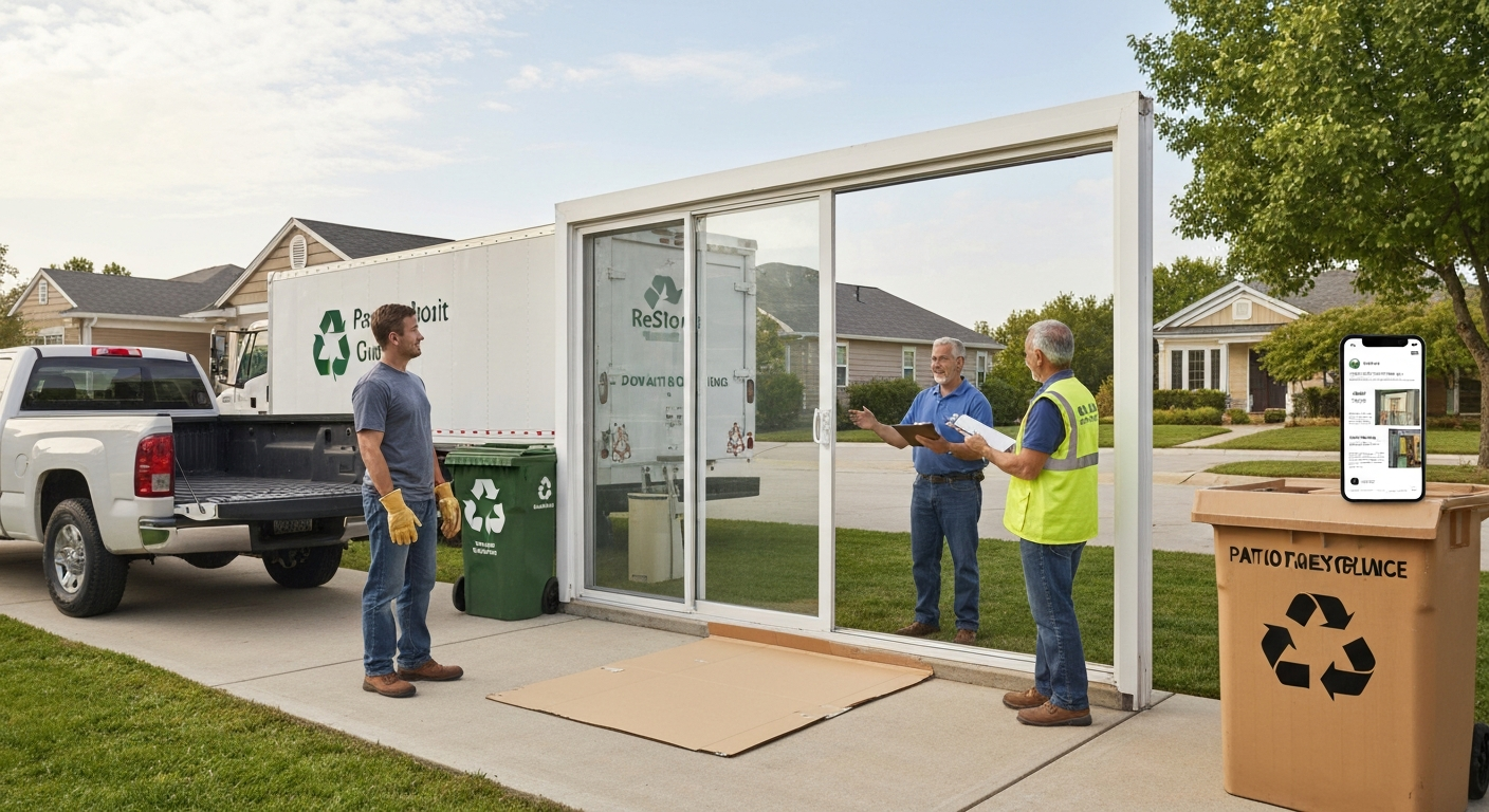 Homeowner and volunteers evaluating a removed sliding glass patio door in a driveway next to a pickup truck, donation truck, and recycling bin; one person wraps the glass for transport.