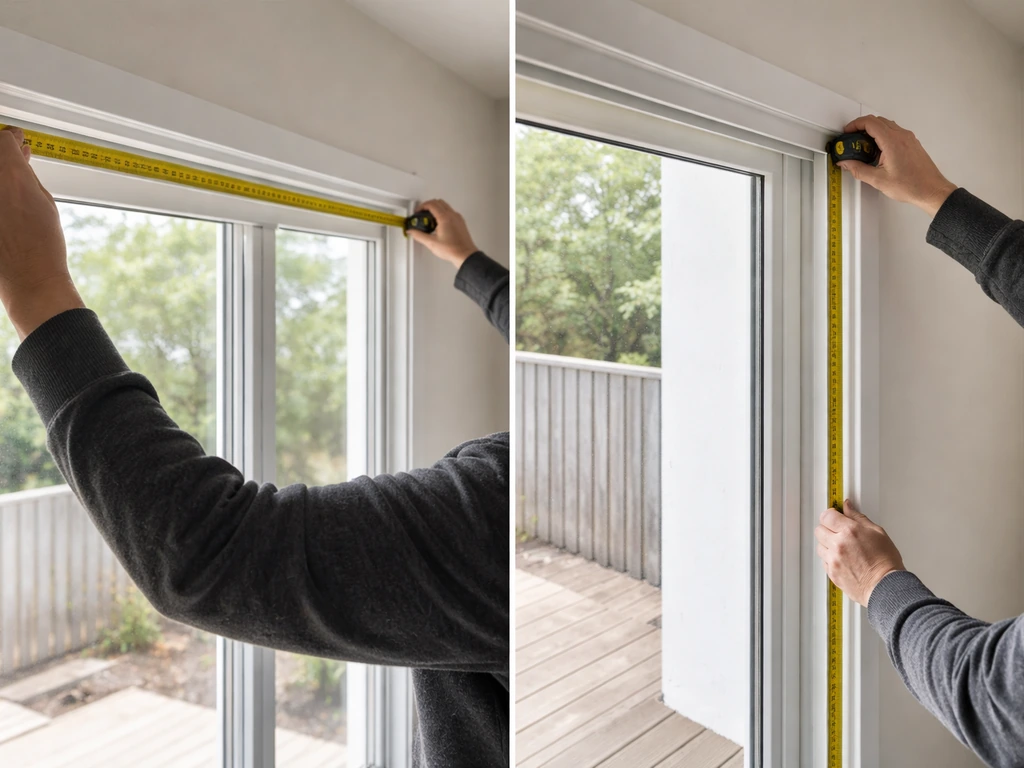 Person measuring a patio door with a tape measure inside a home, noting frame width and height.