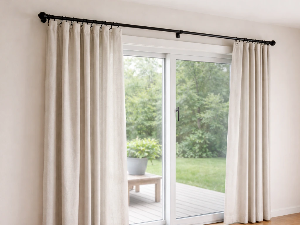 Curtain rod and brackets above a sliding patio door with panels hanging and closing smoothly