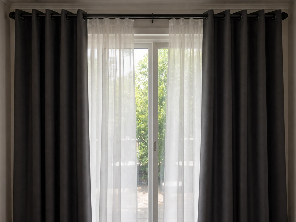 Double-rod window treatment on a patio door with sheer daytime panels layered over opaque blackout curtains.