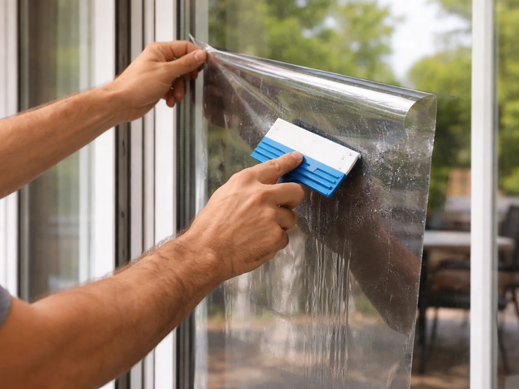 Person smoothing reflective window film onto a patio door glass with a squeegee