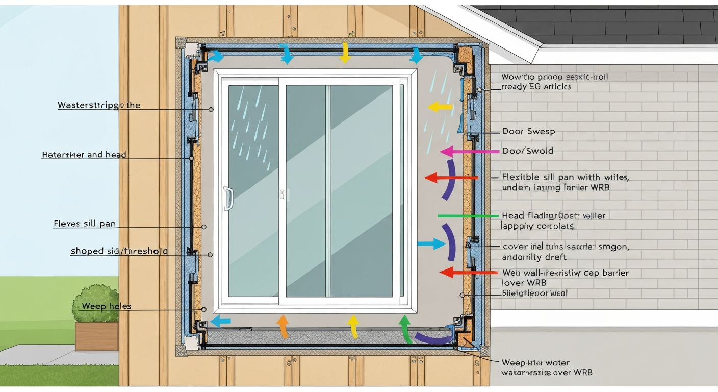 Cutaway infographic of a patio door showing weatherstripping, door sweep, sloped sill, sill pan, head flashing, and water drainage.