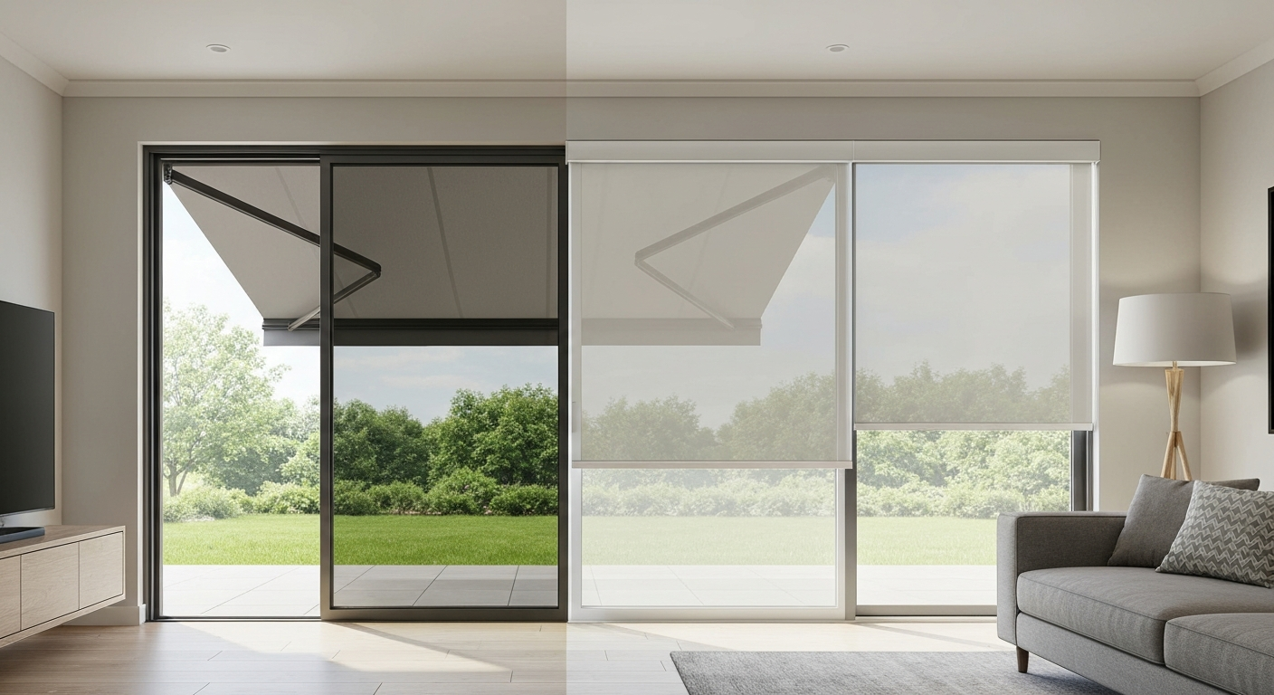Living room with sliding patio door; exterior awning and interior roller shade visibly blocking sunlight, showing reduced glare inside.