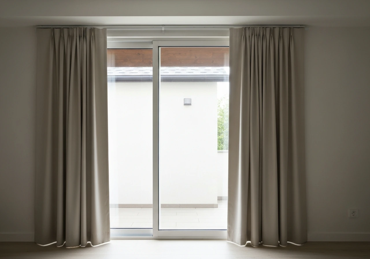 Bright patio doorway with finished DIY curtains on a sliding track, soft fabric reducing drafts