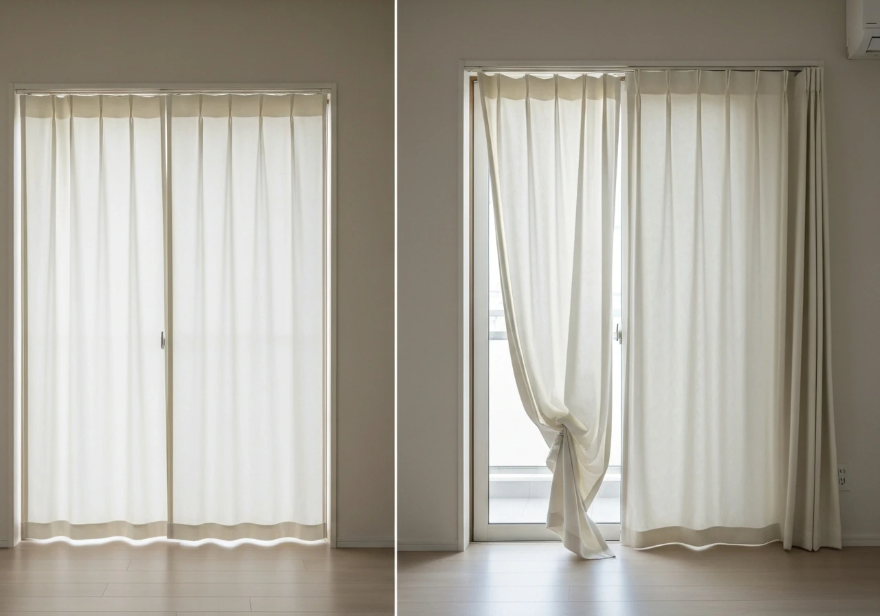Split-panel patio curtains show clean side stacking versus a poorly stacking curtain on a sliding door