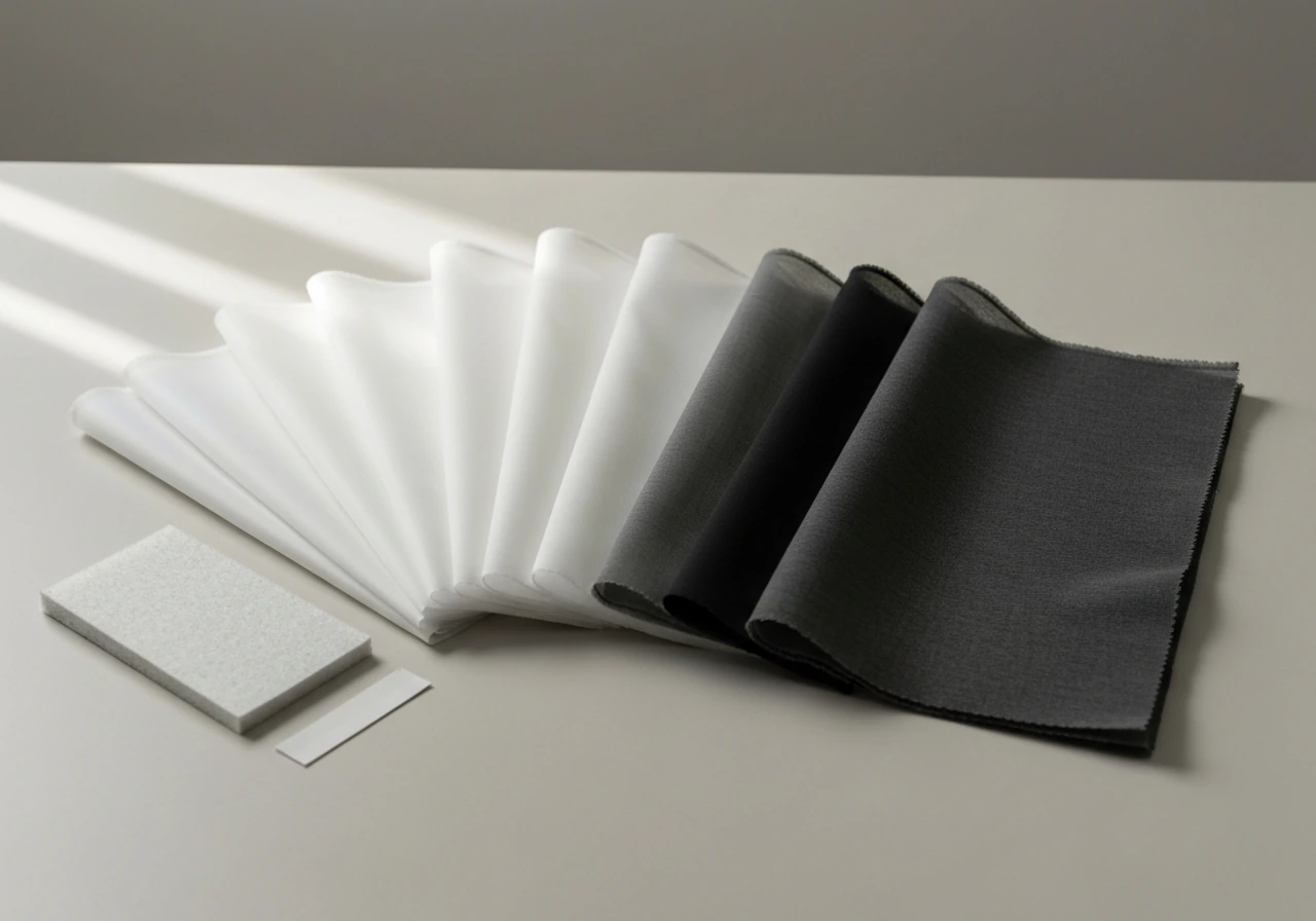 Close-up of curtain fabric swatches laid on a table, showing sheer to blackout textures and colors.