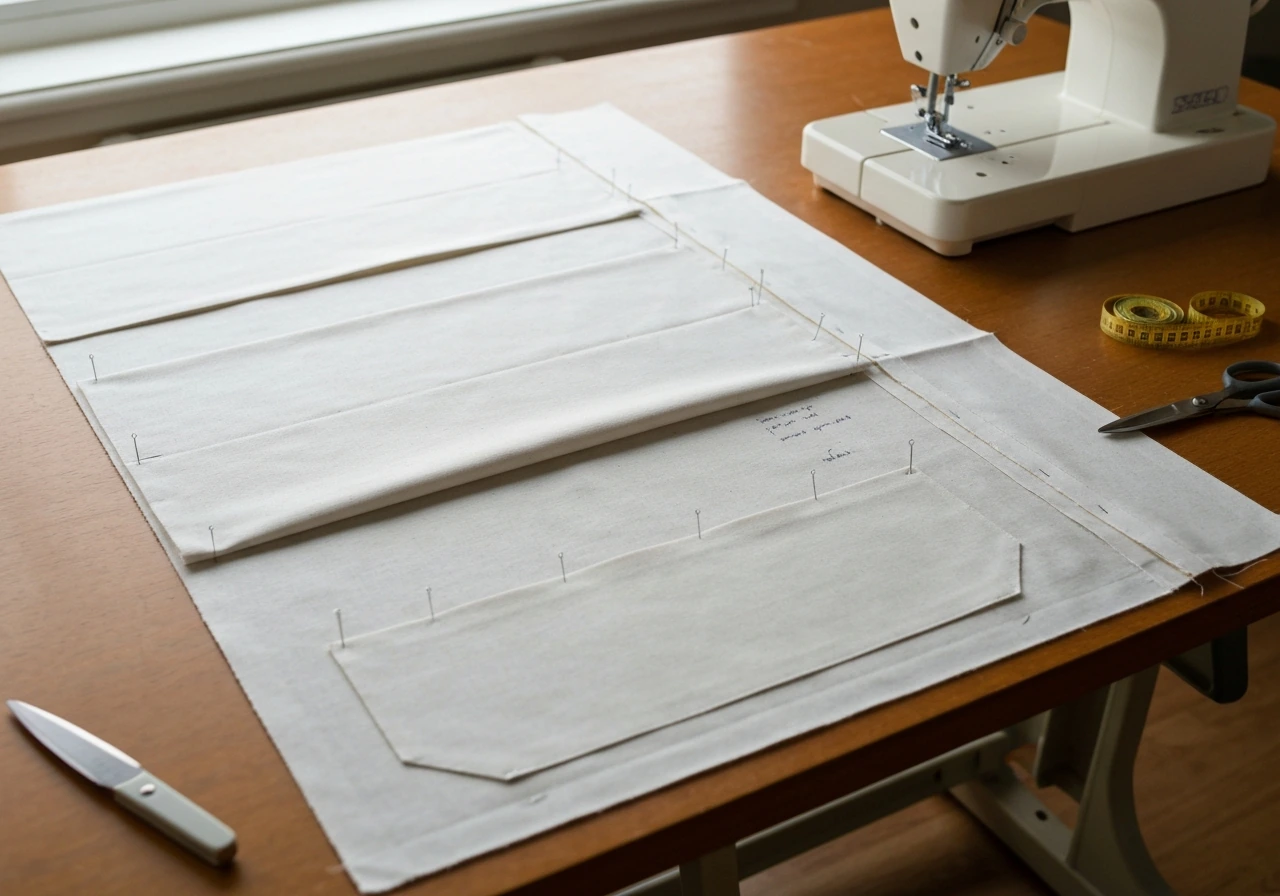 Sewing station with pinned curtain fabric panels and a ready-to-sew bottom hem pocket