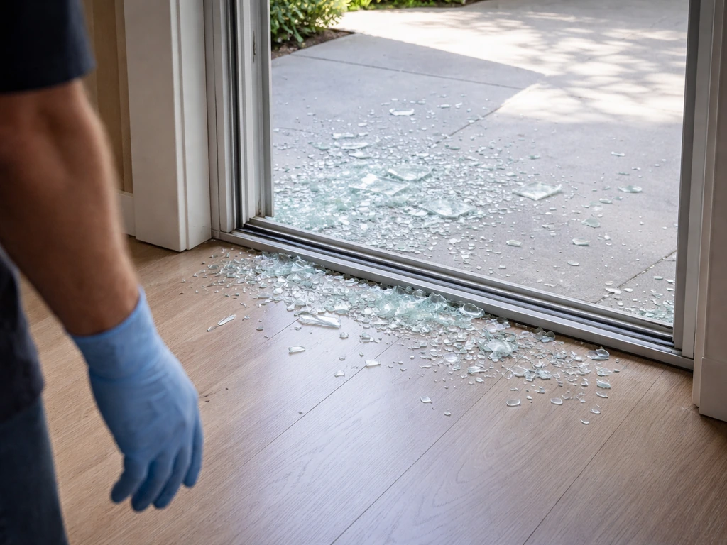 Gloved person stands beside an open patio doorway while broken glass shards lie on the interior floor.