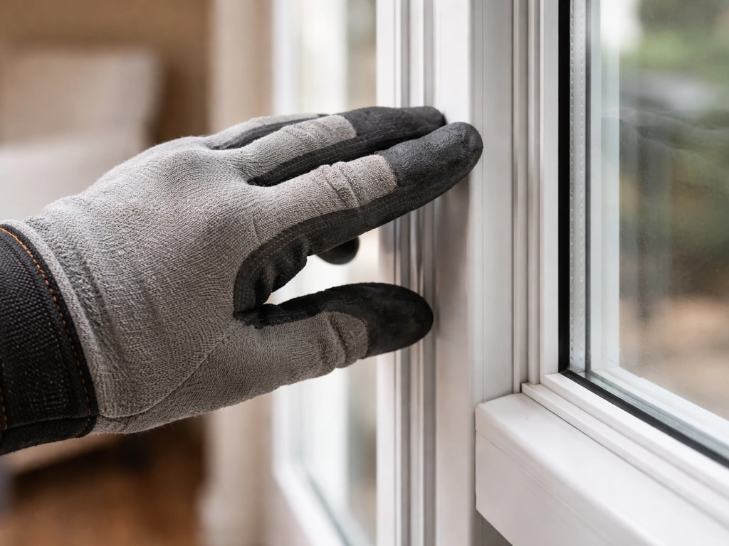 Gloved hand inspecting a patio door frame and glazing bead for cracks or warping.