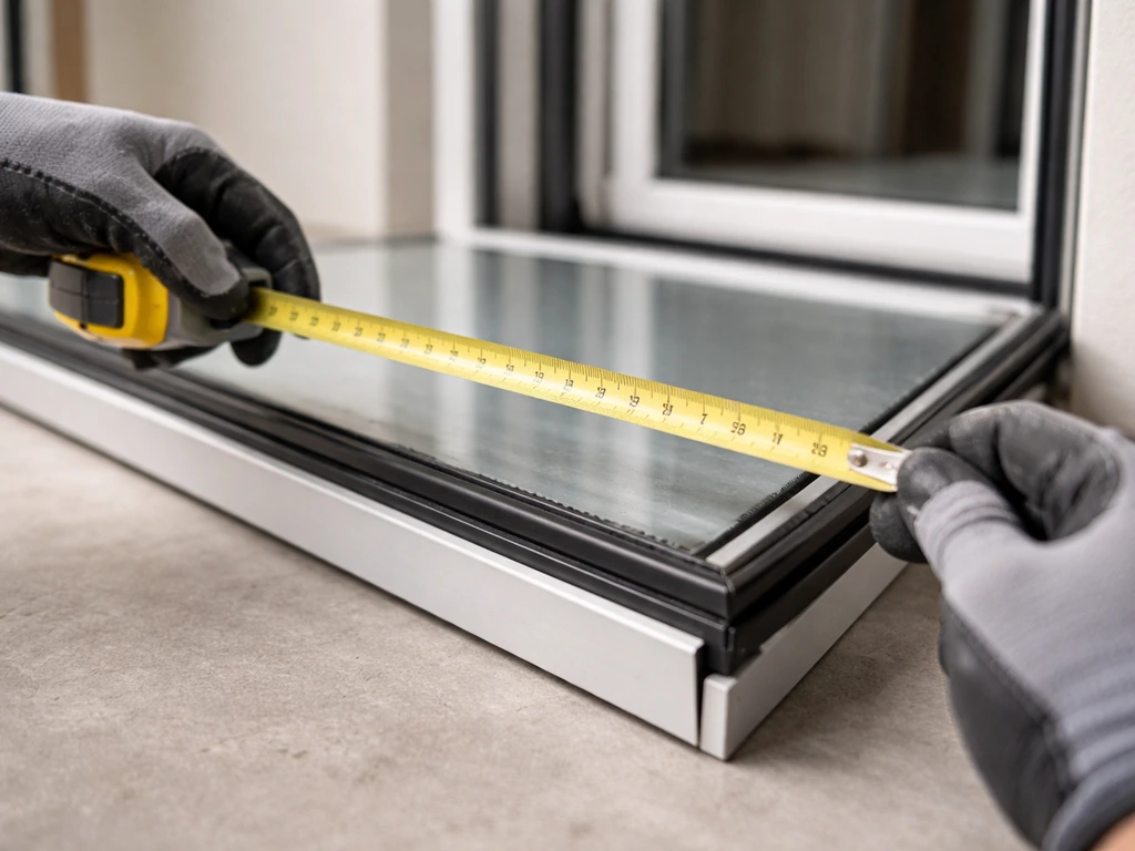 Close-up of hands using a tape measure on a sliding glass door panel to measure insulated glass