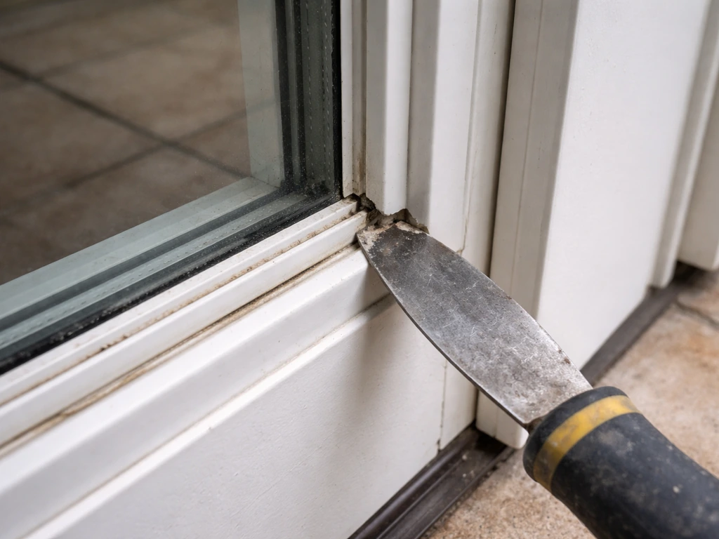 Close-up of a putty knife prying a patio door glazing bead away from the frame corner.