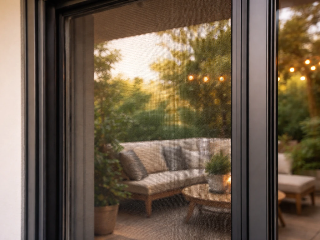 Sliding patio door with a neatly installed bug net mesh over the opening.