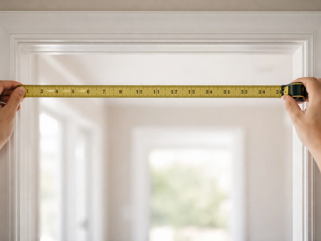 Anonymous hands measure a door opening with a tape measure, held level for a magnetic mesh curtain.