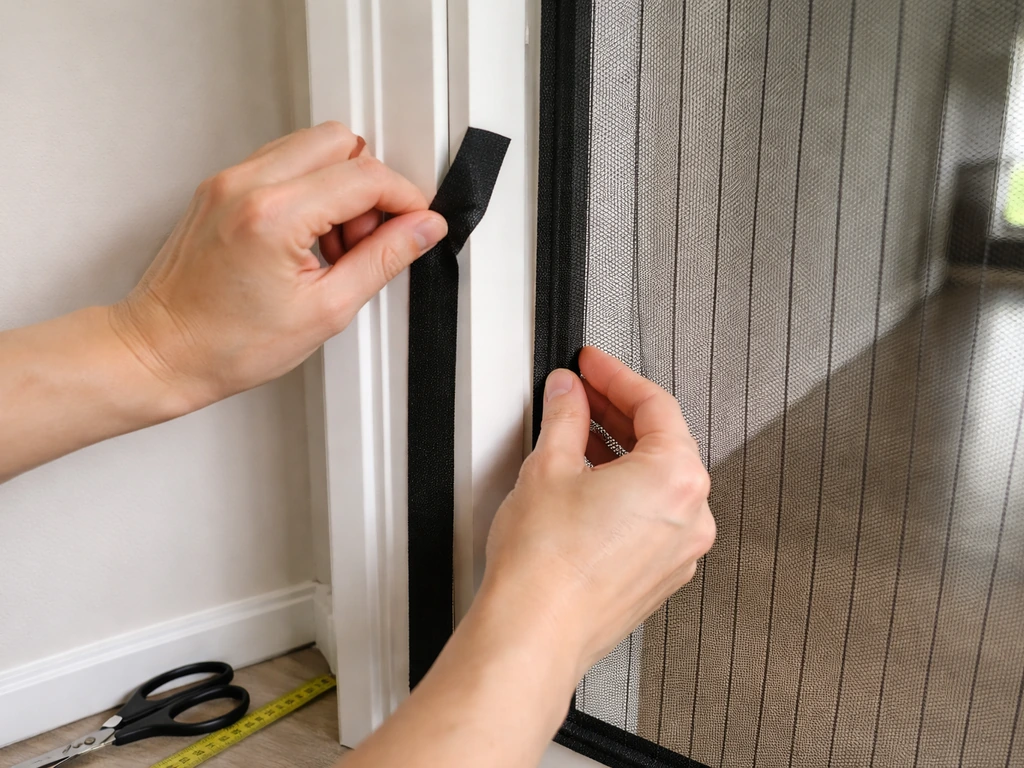 Hands press hook-and-loop tape onto a clean door frame while aligning a magnetic mesh curtain.