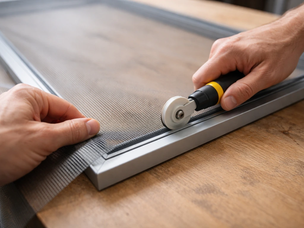 Close-up of hands using a spline roller tool to seat insect screen mesh into a spline channel.