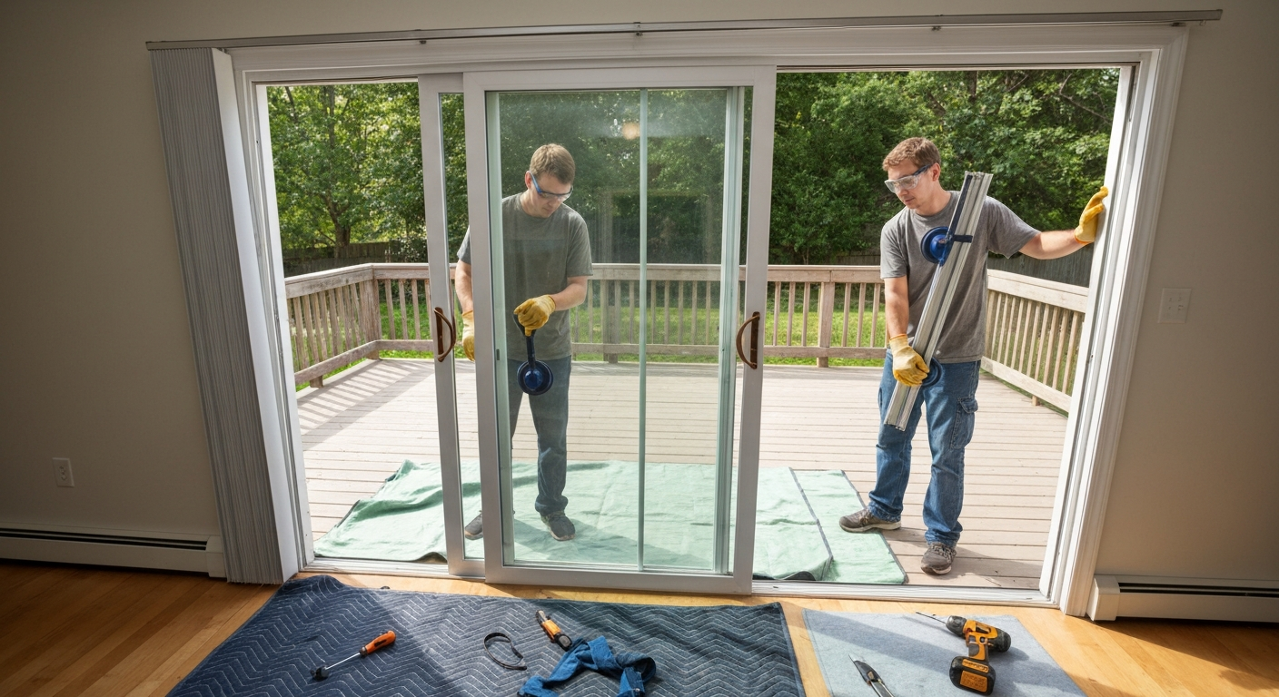 Two people in PPE lifting a sliding glass patio door panel out with suction cups over moving blankets, showing safe two-person technique.