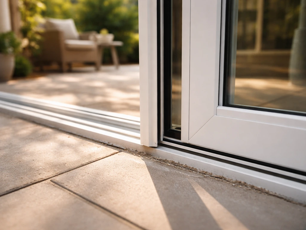 Close-up of a sliding patio door with a visible draft gap and slightly stuck track in a quiet home patio.
