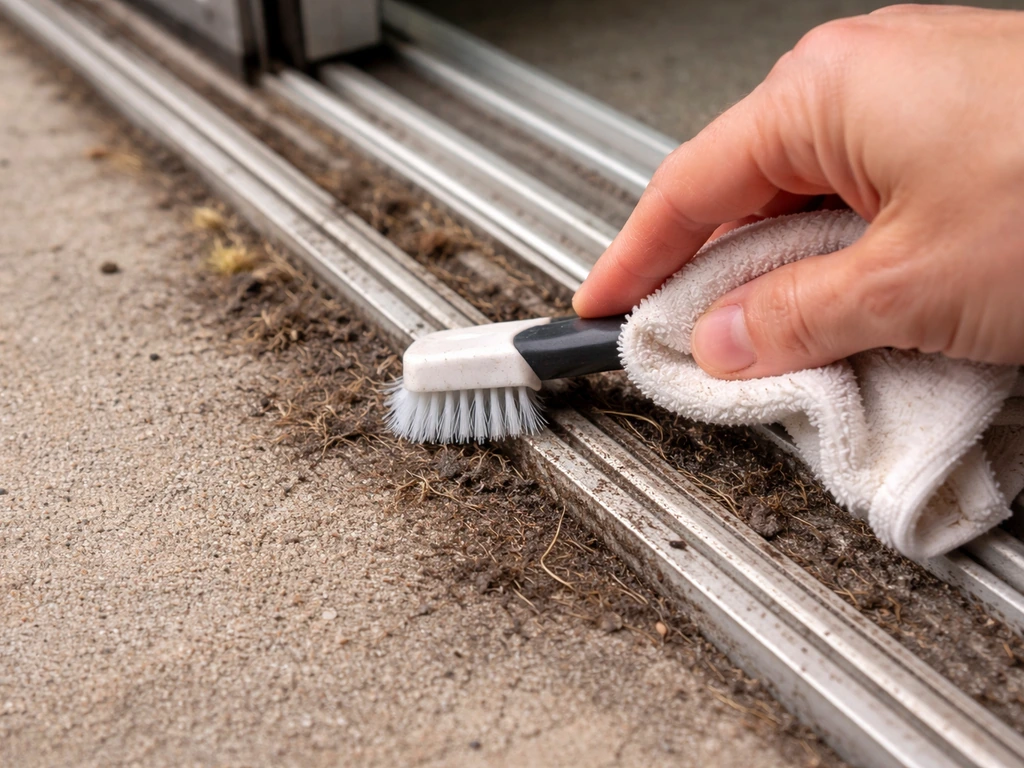 Hand cleaning the bottom track of a patio sliding door with visible grime and debris.