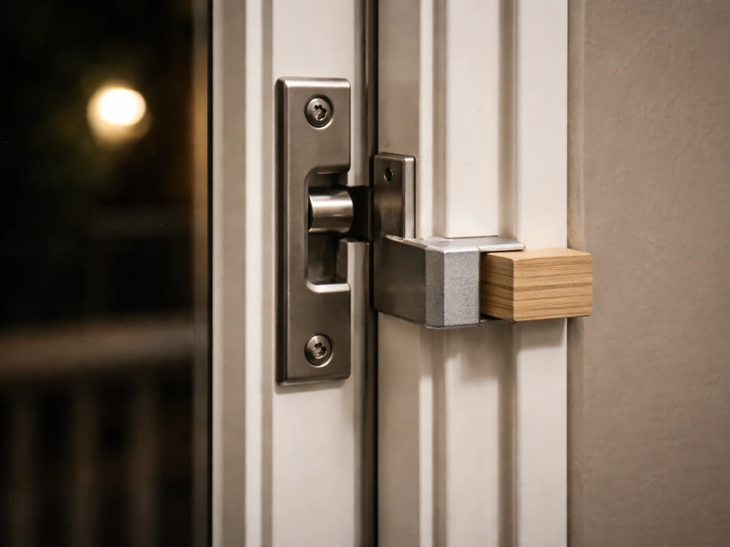 Close-up of a patio door lock latch not catching, with a temporary overnight security brace on the jamb.