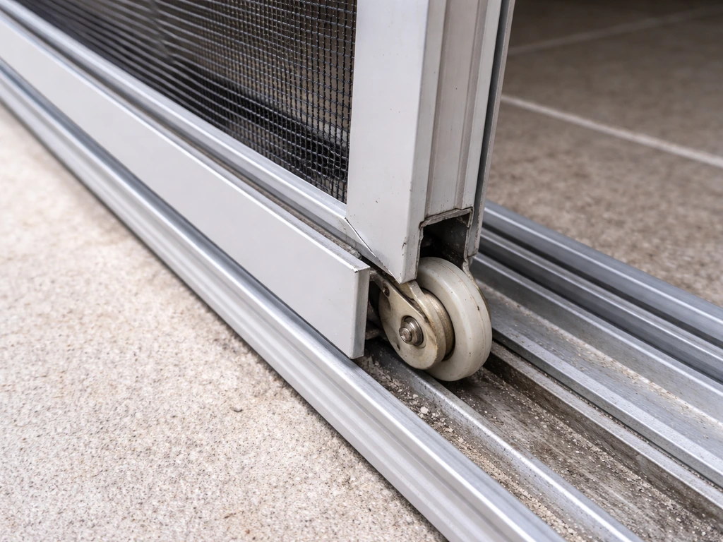 Close-up of a screen door track/rollers with the screen partially lifted and re-seated in the channel.
