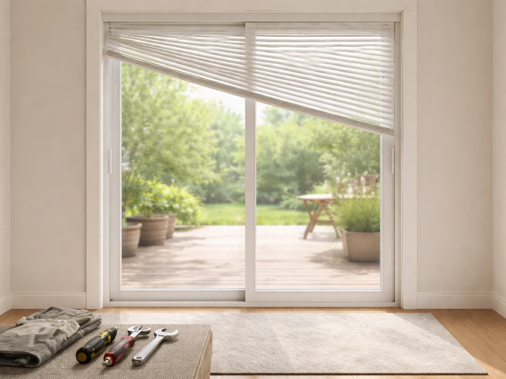 Patio door with blinds stuck tilted to one side, with a small DIY toolkit laid nearby for repairs.