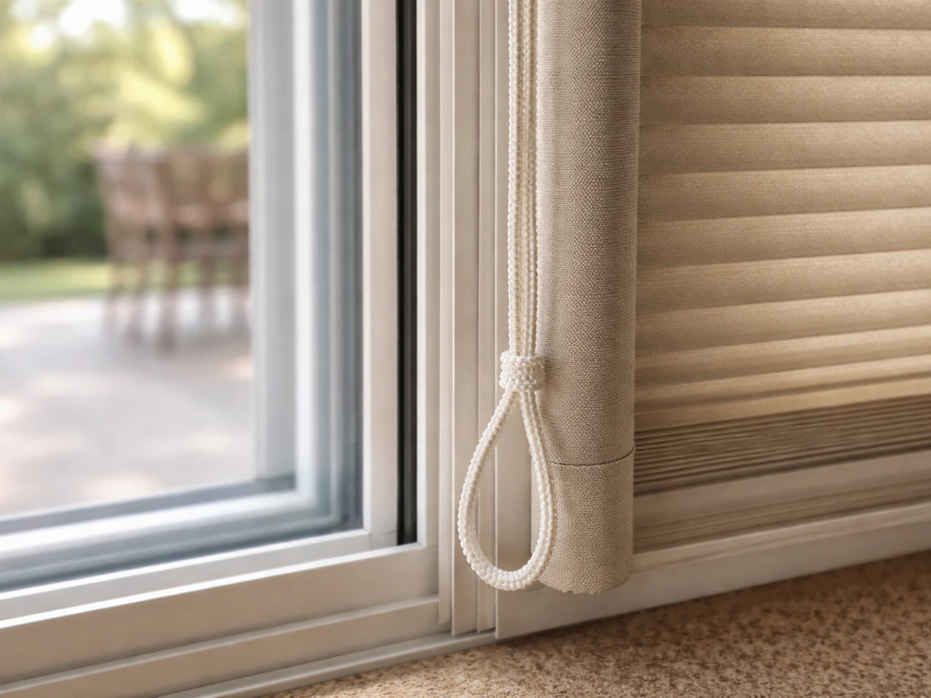 Close-up of a patio door blind pull cord safely secured with no dangling cord loops.