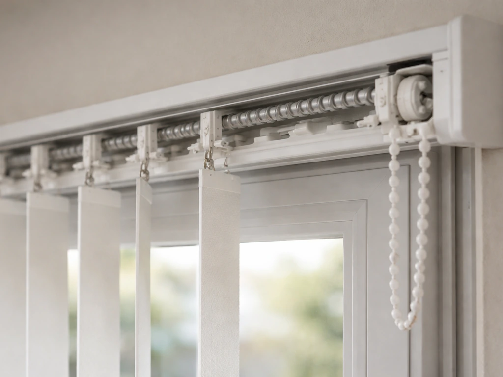 Close-up of a vertical blind headrail showing the traverse and tilt control components.