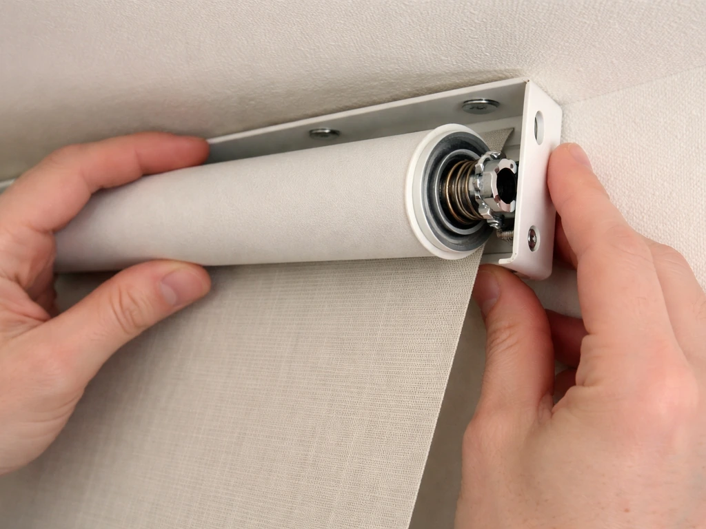 Hands inspecting a roller shade bracket with the roller tube and spring area visibly offset.