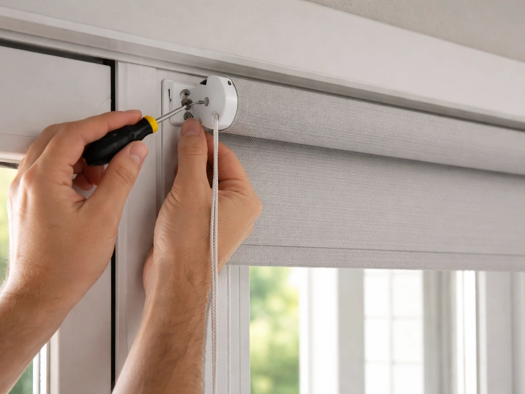Patio door blind reinstalled with brackets reattached; cord/wand gently operated for smooth movement