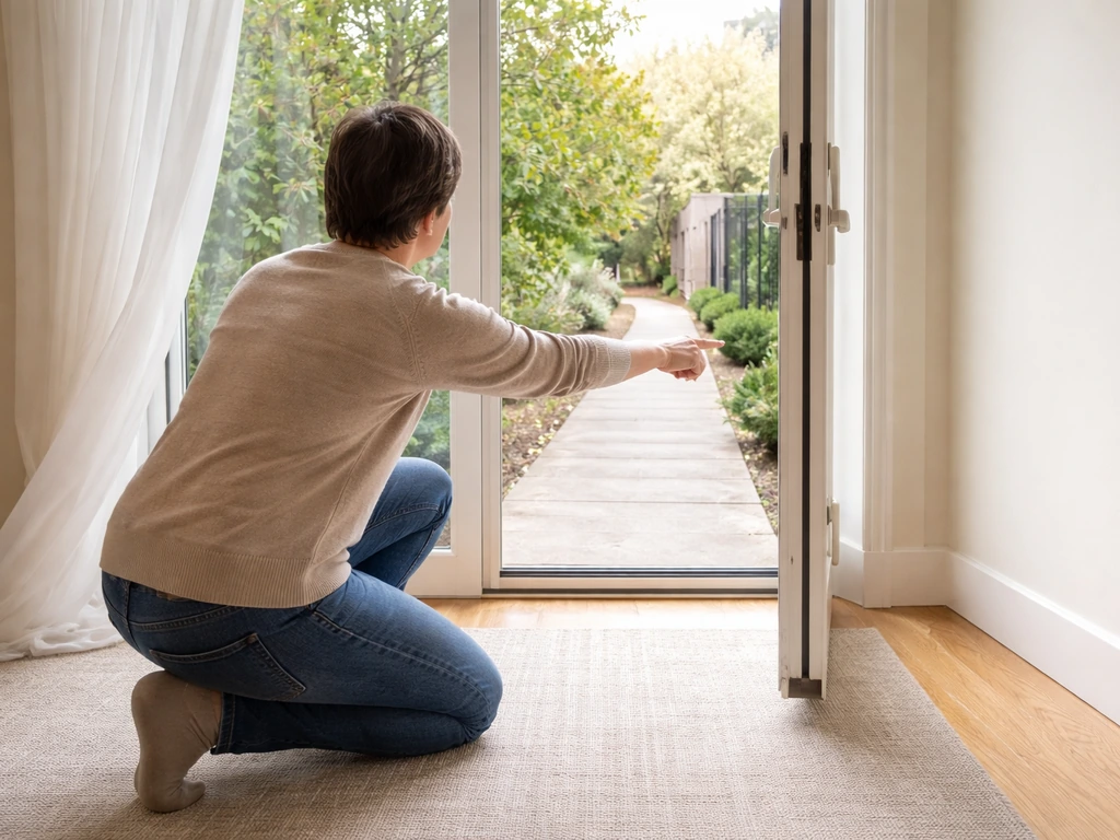 Person kneeling to check a clear exit path near an unlatched patio door in a quiet home hallway.