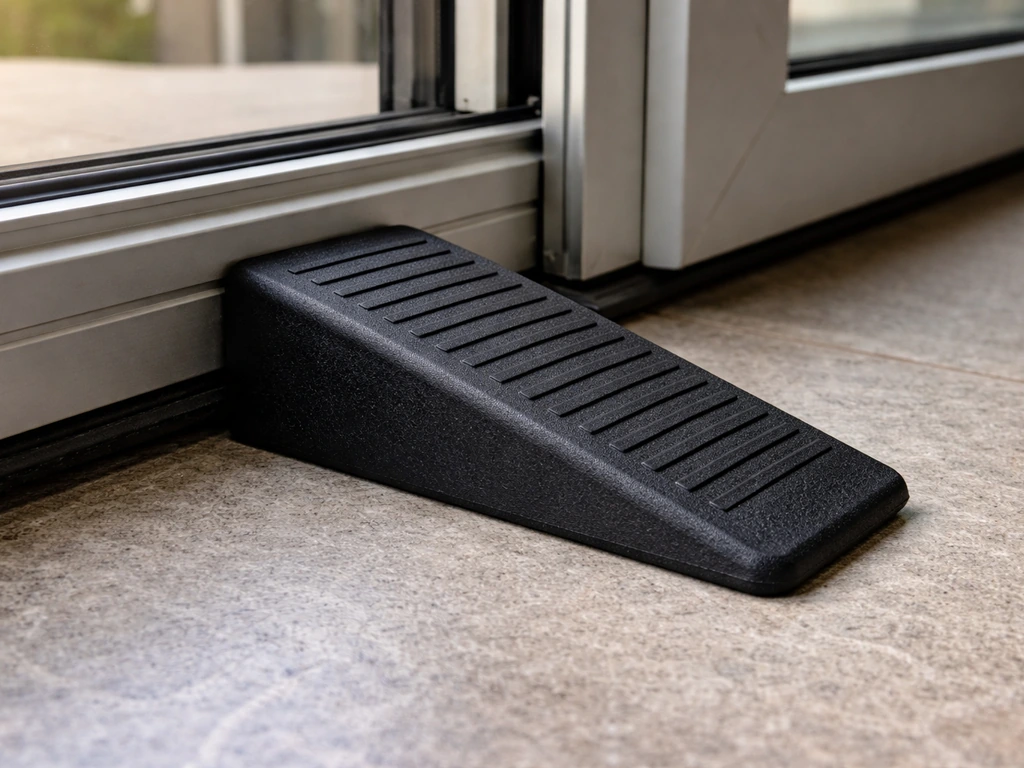 Heavy rubber wedge door stop under a sliding patio door base on a tiled floor.