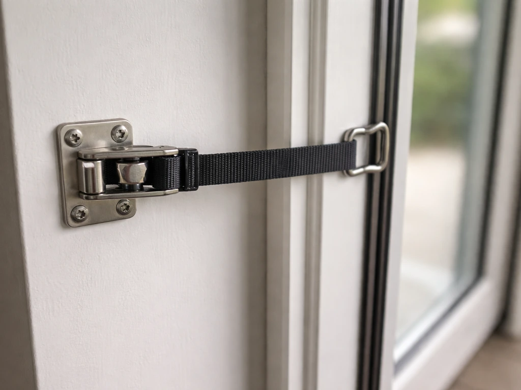 Door strap limiter anchored to the frame, showing maximum open position with strap tension.