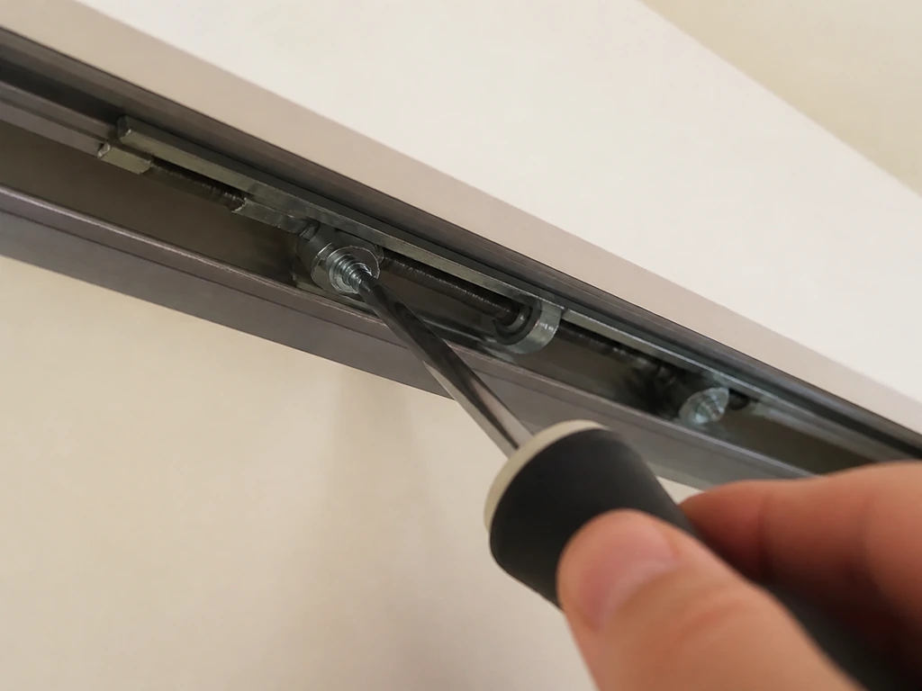 Close-up of roller adjustment screws under a sliding door track, showing an inspect-and-adjust setup.