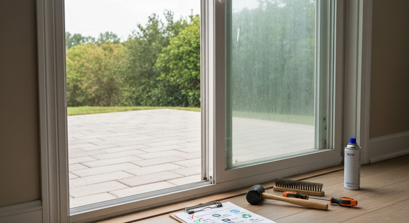 Old sliding patio door in a home workshop with tools and a decision checklist on a clipboard.