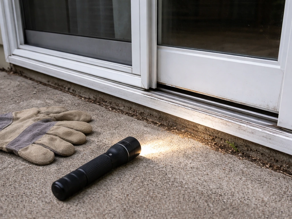Close view of a sagging patio door scraping the bottom track with a visible gap and light.