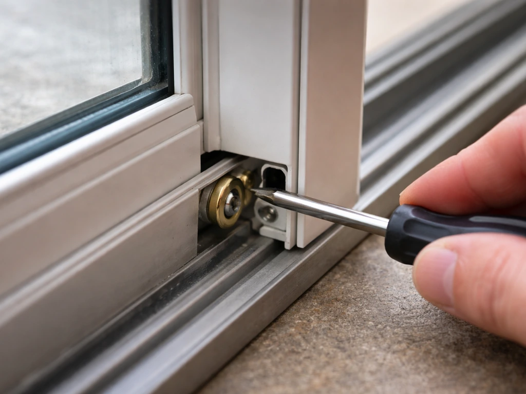 Close-up of a sliding patio door bottom corner with a screwdriver turning the roller height adjustment screw.