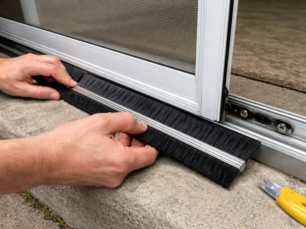 Hands installing a new bottom sweep on a screen door, showing rollers and brush seal near the threshold