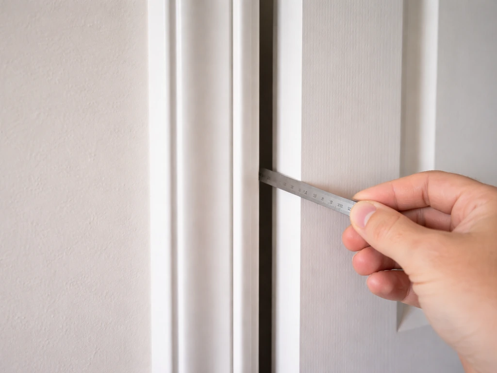 Hand using a feeler gauge along a door’s lock jamb to check consistent top-to-bottom gap.