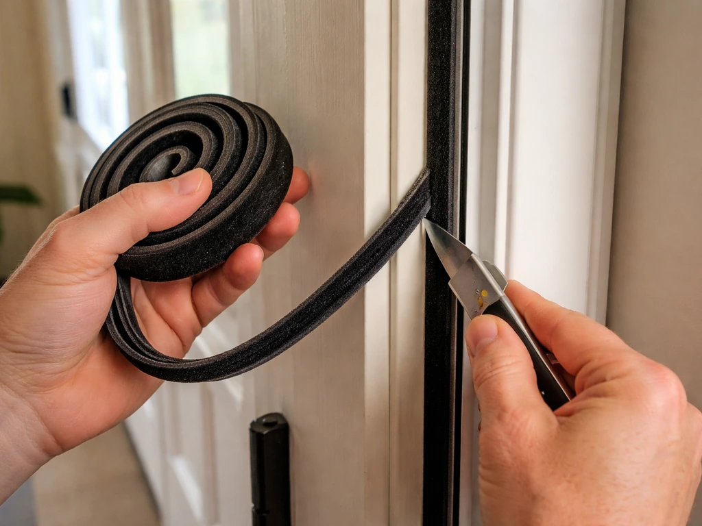 Hands cutting and pressing new foam/pile weatherstripping onto a door frame edge to prevent bunching.