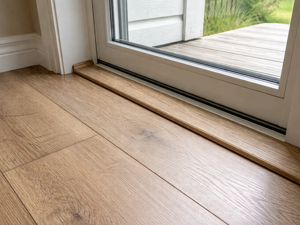 Laminate flooring neatly finished at a patio door with visible expansion gap and undercut jamb trim.