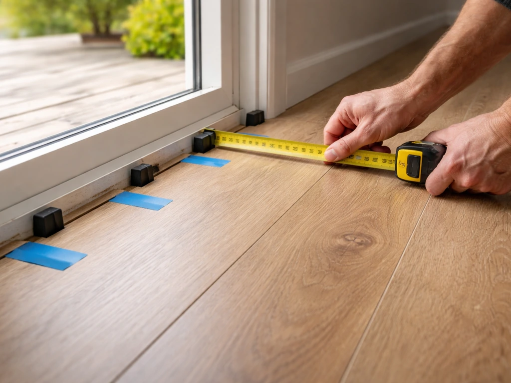 Hands measuring a laminate expansion gap beside an open patio door with spacing blocks and tape measure.