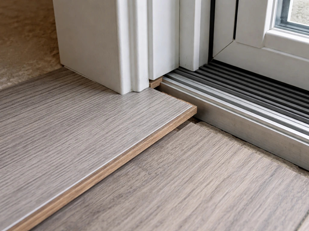Close-up of laminate being cut and fitted around a patio door threshold with a visible jamb cut line