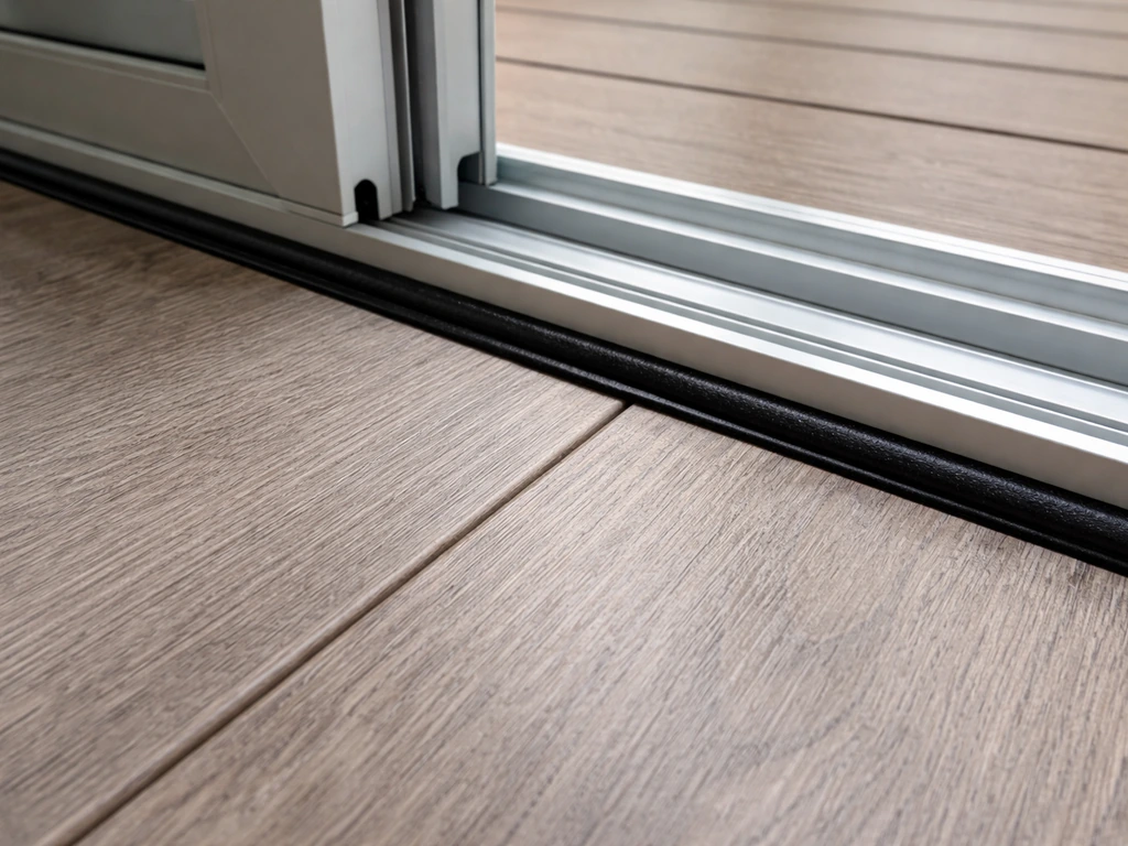 Close-up of sealed gap between floating laminate edge and patio door threshold with flexible exterior sealant