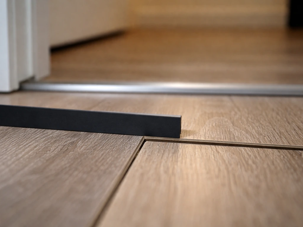 Ruler placed across uneven laminate joint near a doorway threshold showing a small hump