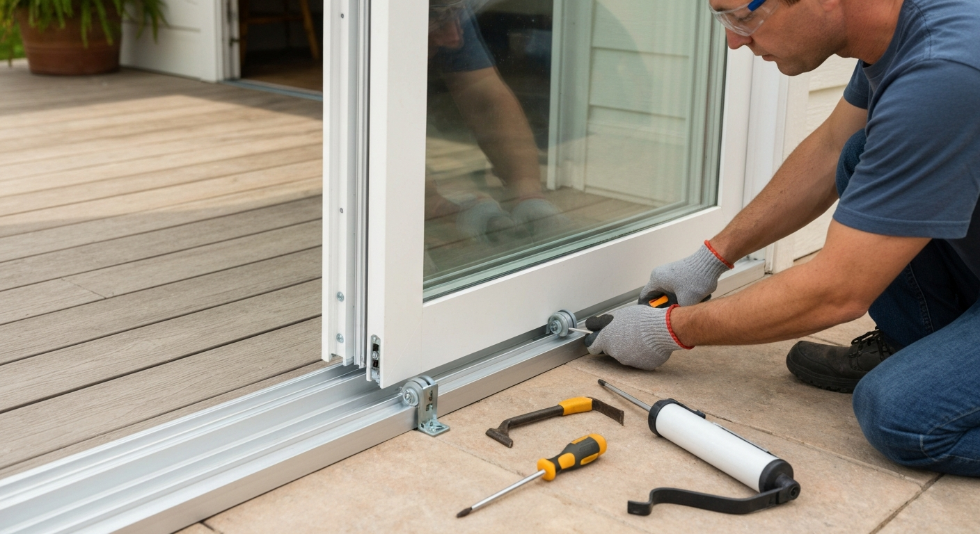 Homeowner wearing gloves and safety glasses adjusts a roller on a sliding patio door with tools on a moving blanket.