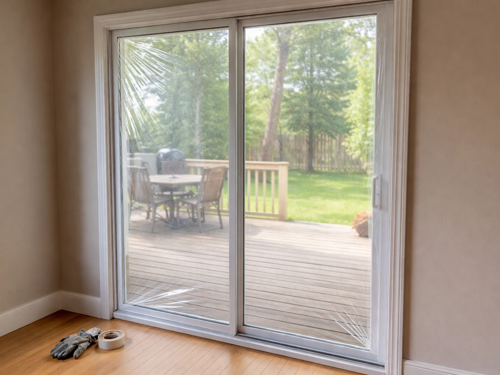 Interior view of a sliding patio door with clear shrink-film insulation tightly sealed around the frame.