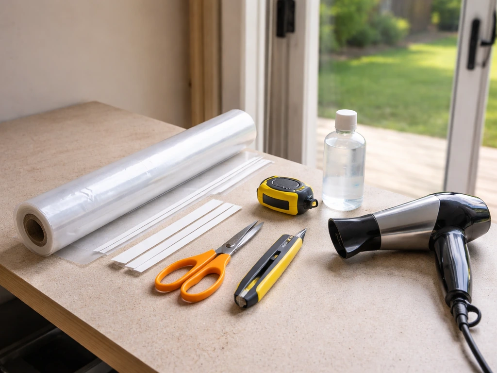 Tools and Frost King window/door shrink film kit laid out beside a patio door frame